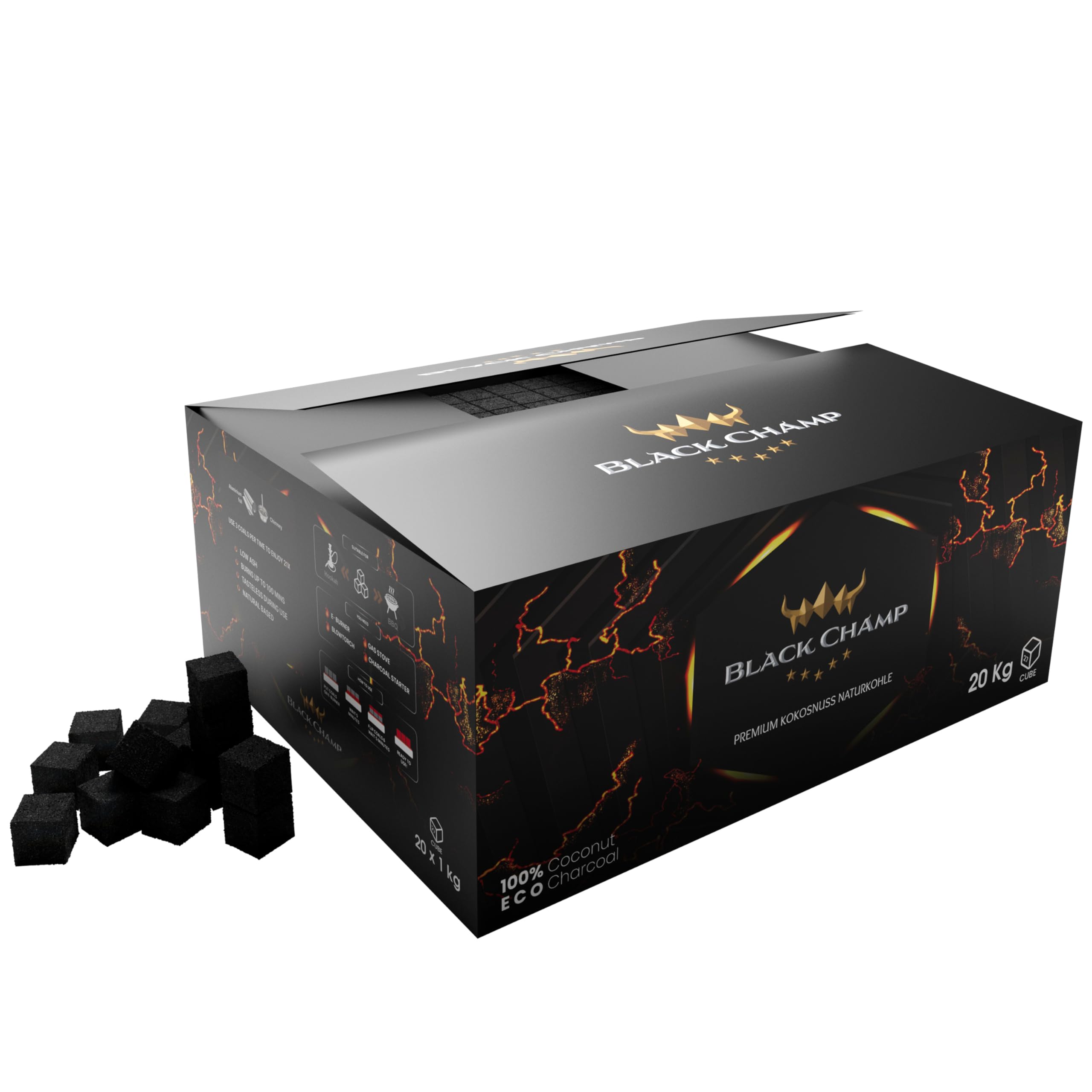 Shisha Kohle | 27 mm | 20 kg | Black Champ | Premium Naturkohle aus Kokosnussschalen| Für Shisha und Grill