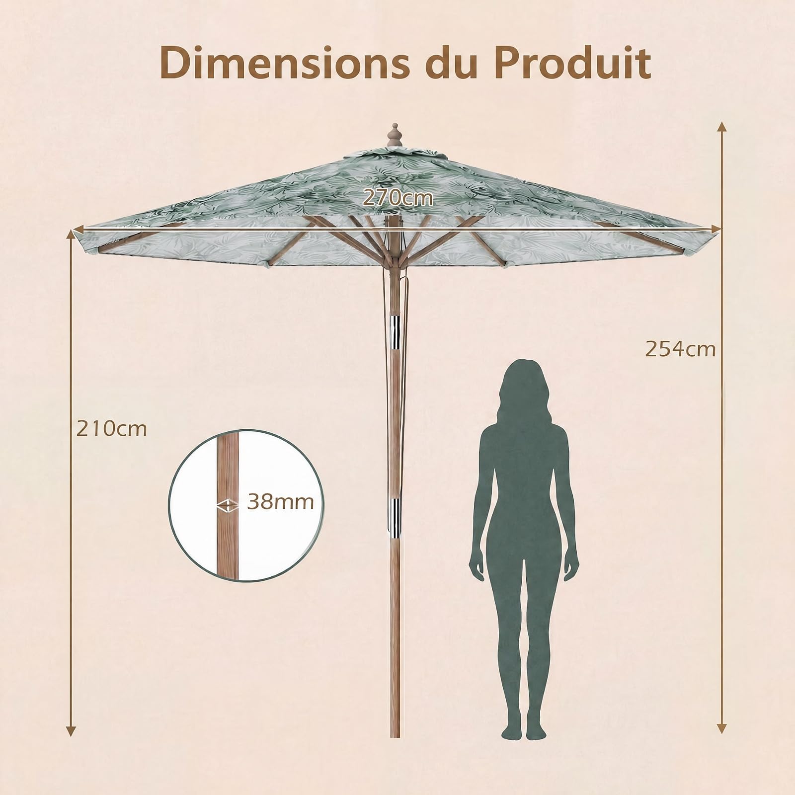 RELAX4LIFE Parasol Inclinable 270CM en Bois, Motif de Plantes Tropicales