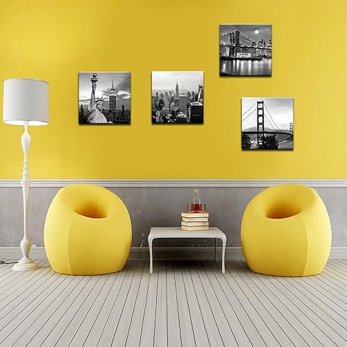 Miniatura 5 de LevvArts - Arte de pared de ciudad en blanco y negro, arte moderno de puente de Brooklyn, impresiones artísticas de lienzo de paisaje urbano de