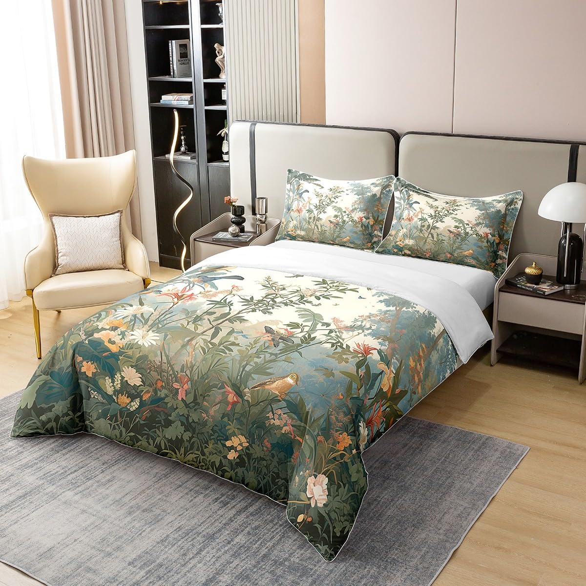 Loussiesd Pflanzen 100% Baumwolle Bettwäsche Set 155x220cm Blume Bettbezug Set für Vögel Betten Set Gras Betten Set Grün Bettwäsche-Set