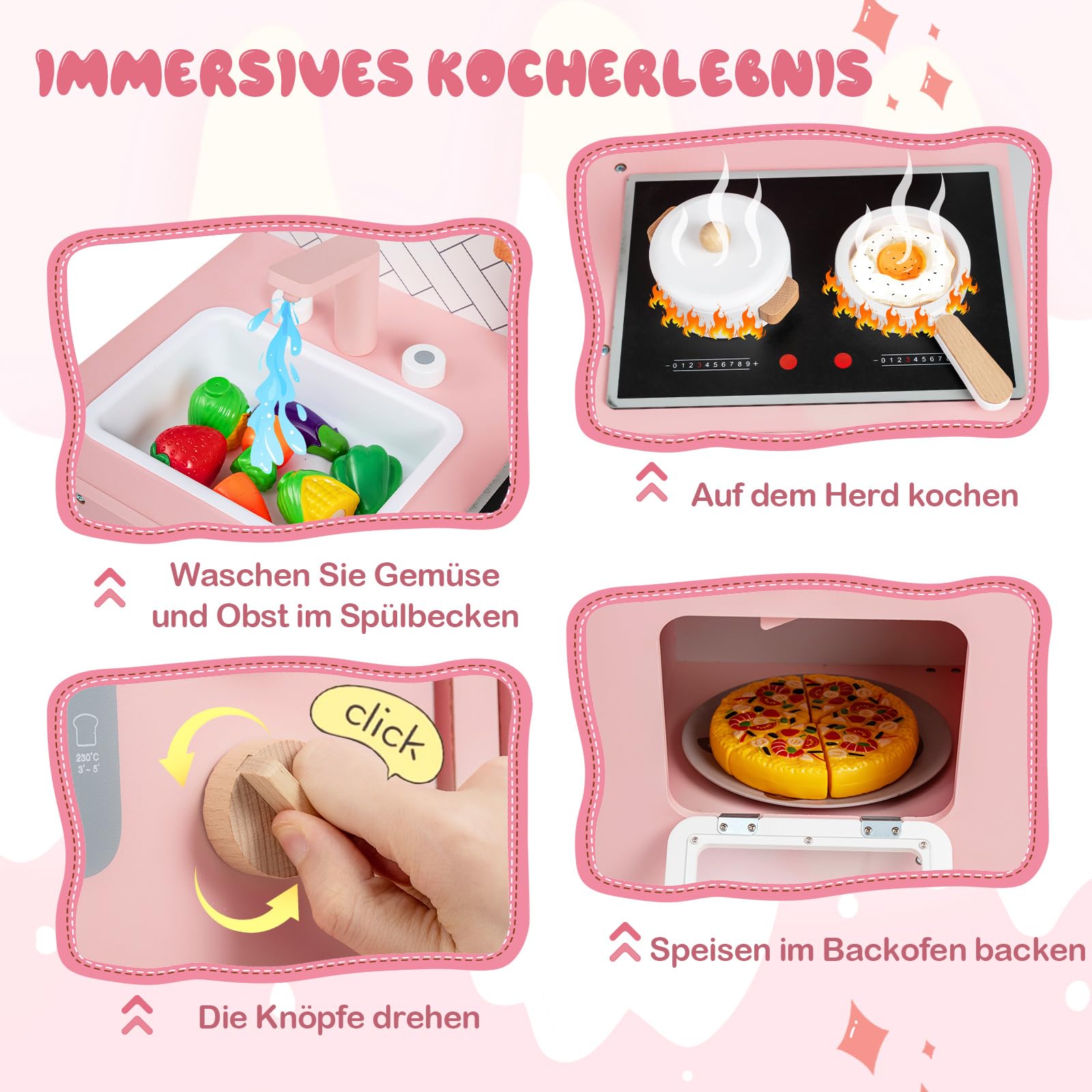 COSTWAY kuchnia dziecięca z drewna, kuchnia do zabawy z kuchenką, zlewem, kranem & piekarnikiem, mini kuchnia z naczyniami do gotowania, szafkami do przechowywania & regałami, zabawka kuchnia dla