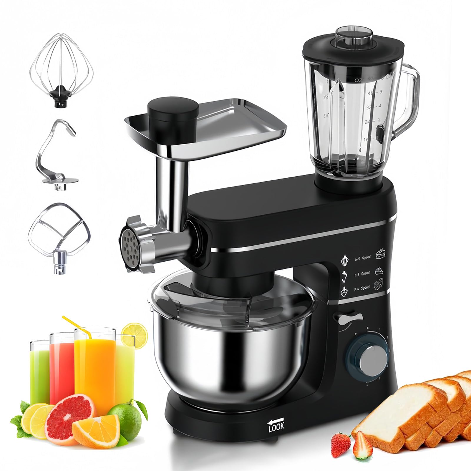 Robot Pâtissier Multifonctions 1400W Blender Robot Professionnel Hachoir à Viande électrique, Bol en Acier Inoxydable 10 l, Accessoires Inclus, Idéal pour Pâtisserie et Cuisine,Black