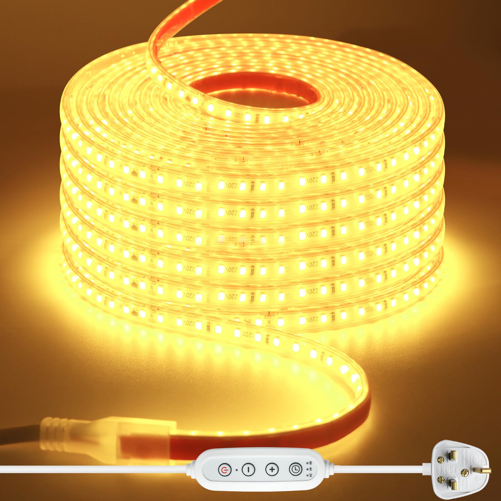 Wisada 220V Dimmable/Timer LED Strip [25M, Warm White 3000-3500K], 120 LEDs/M IP65 Waterproof Flexible Cuttable LED Fairy Light CRI85+, SMD2835 Home/Store Decorative Rope Light