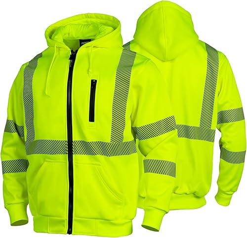 FONIRRA Hi Vis - Sudadera con capucha de forro polar de seguridad para hombre, chaqueta reflectante ANSI Clase 3, sudaderas de alta visibilidad con