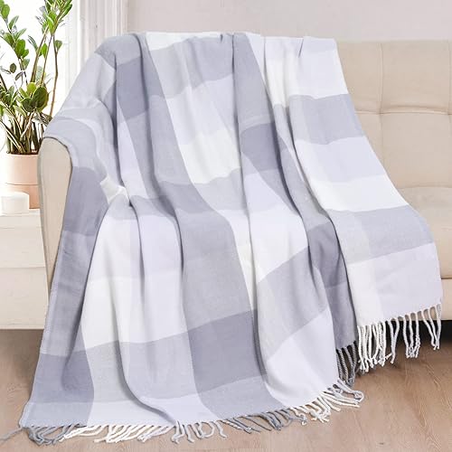 David's Home Manta a cuadros de búfalo, manta suave y ligera con borlas decorativas para sofá, manta con flecos para exteriores, estilo granja, 50 x