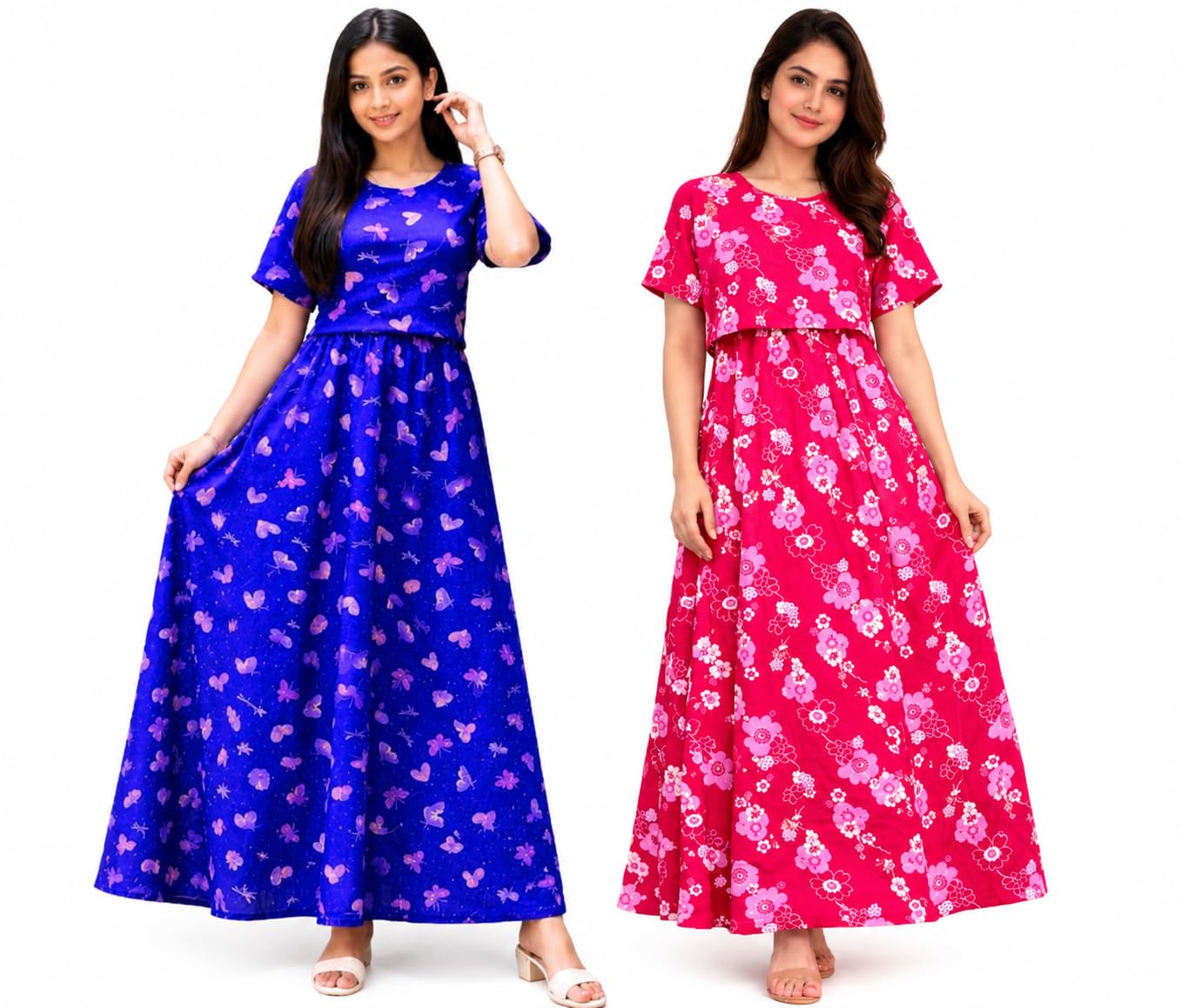 RENIS.Store Women's 100% Cotton Zipless Feeding Maternity Nighty Pack of 2 | Pull Up Nursing Night Dress | Soft Pregnancy & Feeding Wear | Blue(Pink Butterfly) & Pink(White Flower) XL-Size-picture-24