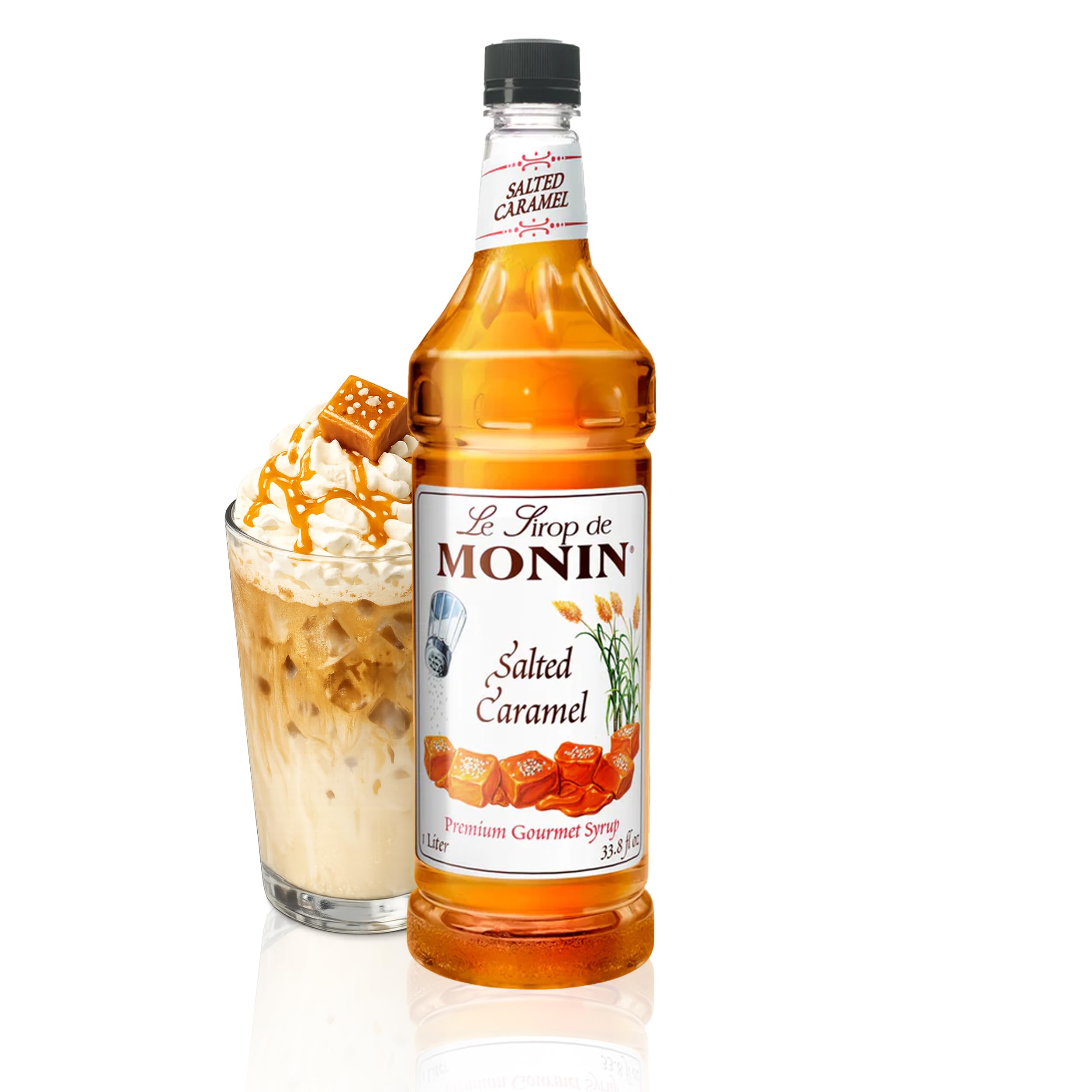 Monin - Salted Caramel Syrup, Natural Flavors, Great for Mochas, Lattes, Smoothies, Shakes, and Cocktails, Non-GMO, Gluten-Free (1 Liter)