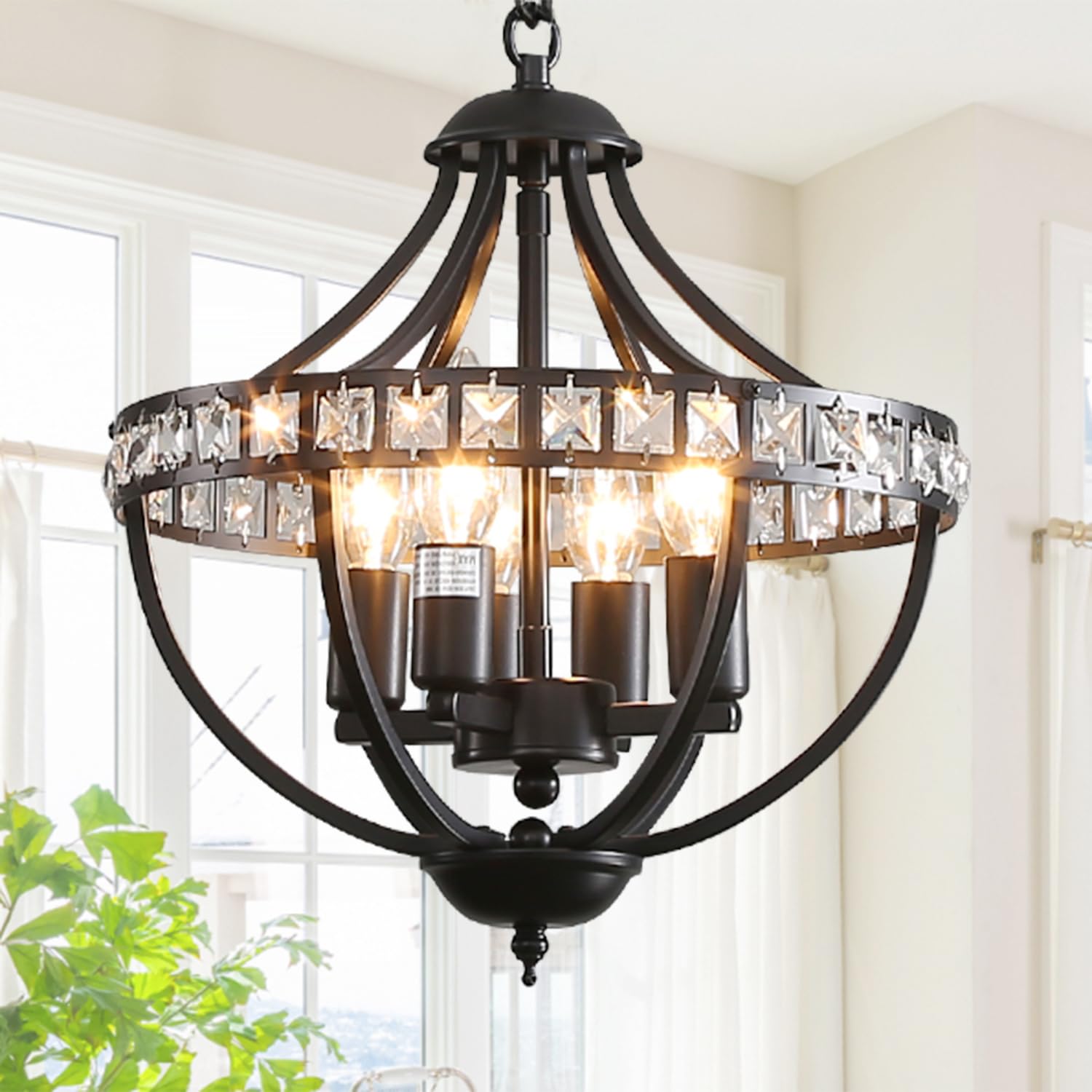 Lanpesting Farmhouse Crystal Ceiling Hanging Chandelier,16inch Black Rustic Vintage Pendant Light Fixture for Living Room Bedroom Dining Room Dining