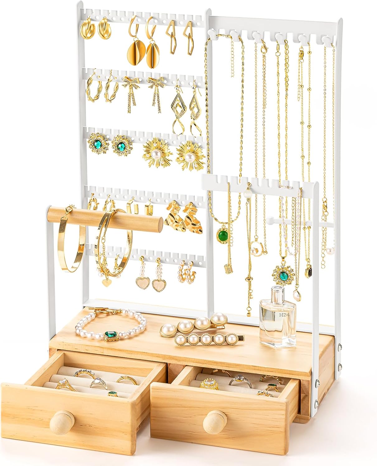 Jewelry Organizer with 2 Velvet Ring Holder, 5 Tier Jewelry Stand Include 145 Holes for Earring Holder Organizer, Jewelry Organizer Stand with 11 Hooks Necklace Holder and Bracket Holder, White