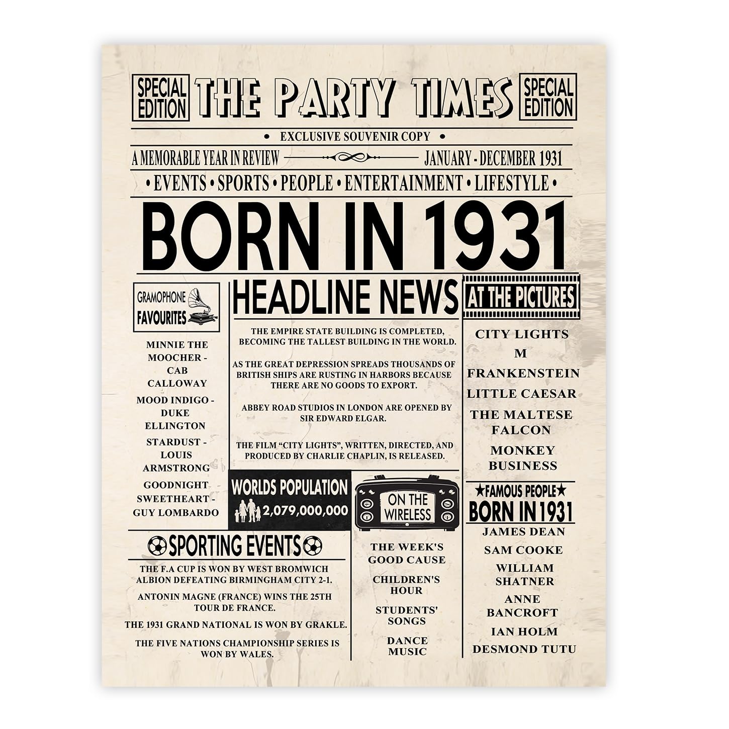 Stuff4 94th Birthday Poster Unframed - Born In 1931 Newspaper - Happy 94th Birthday Gifts for Men Women Vintage Retro Back In 1931, 8x10 Inch Ninety-Four Ninety-Fourth Bday Party Decor Decoration