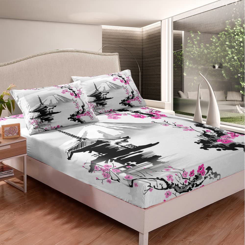 Amazon.com: Japanese Fuji Mountain Fitted Sheet Pink Cherry Blossom  Chureito Pagoda Bed Sheet Set for Boys Girls Exotic Sakura Flower Decor  Bedding Set Watercolor Bed Cover Bedroom Deep Pocket 3Pcs Queen Size :
