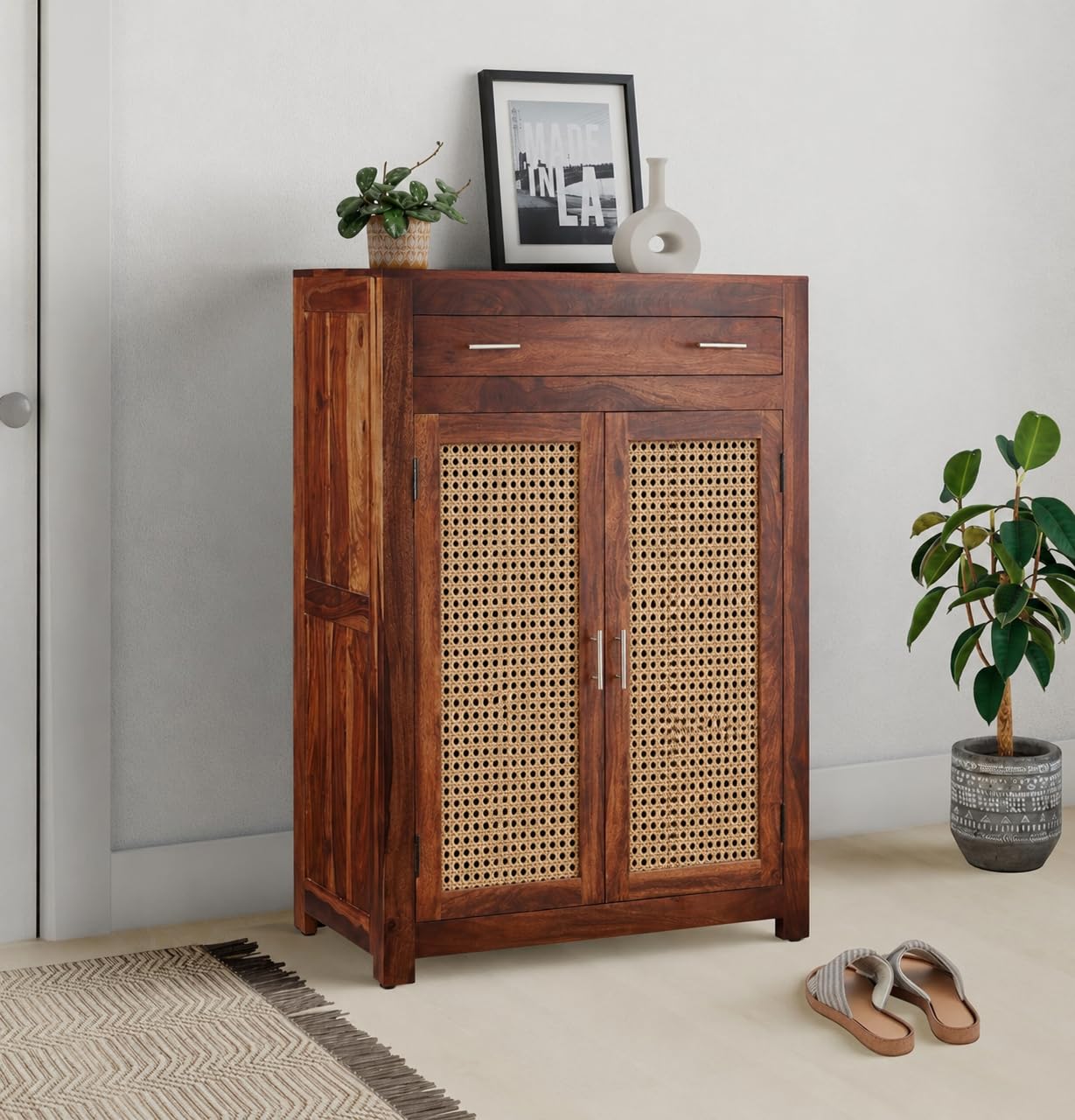 Solid Sheesham Wood Shoe Rack Cabinet with 2 Drawers (Natural Finish)-image-43