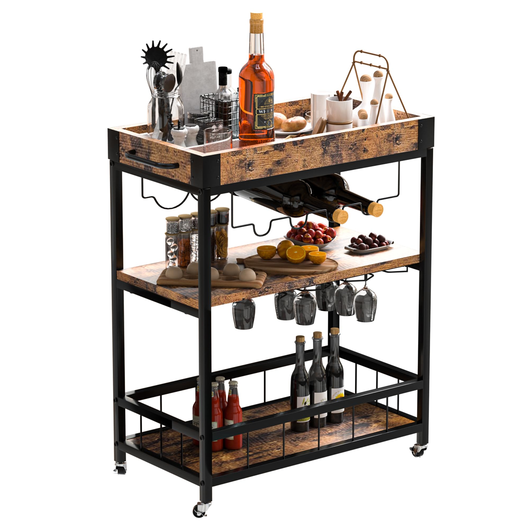 Cavoba Bar Cart Serving 3-Tier Home Metal Trolley Rolling Rack with Wheels Mobile Removable Wooden Top Container with Wine Rack and Glasses Holder, Industrial Vintage Style Wood, Rustic Brown