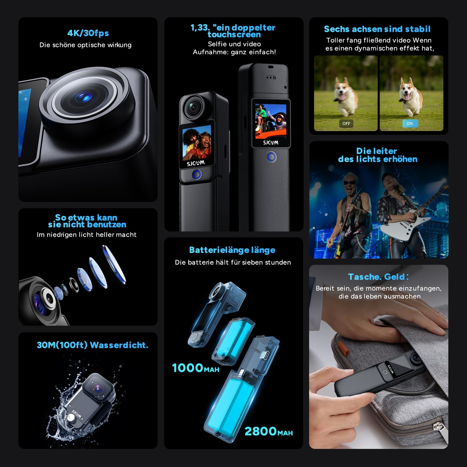 SJCAM C300 Pocket Vlog Kamera Action Cam 4K,7-Stunden Akkulaufzeit, 6-Achsen-Stabilisierung,Dual-Touchscreen-Körperkamera, 30 Meter wasserdicht, für Vlogging Camera YouTube-Live-Streaming