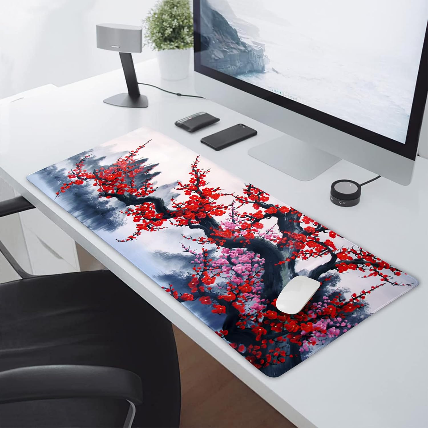 Cherry Blossom Mouse Pad Japanese Sakura Watercolor Hill Extended Desk Mat 90X40 cm Non-Slip Rubber Base Stitched Edge Large XXL Playmat for Keyboard Gaming Laptop Computer Desktop,35.4×15.7 Inch