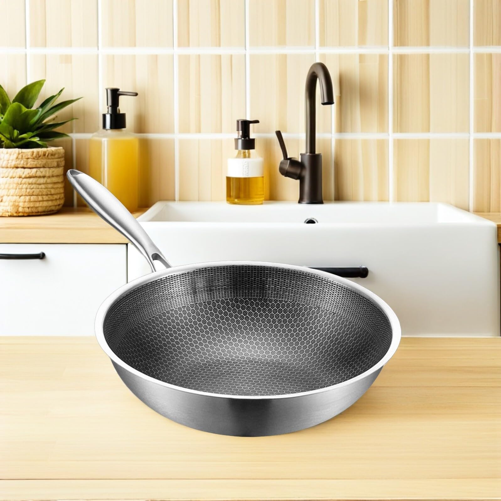 UPKOCH Padella Wok in Acciaio Inox 20.5 Pollici Con Rivestimento Antiaderente a Nido D'Ape Manico Ergonomico Riscaldamento Rapido E Uniforme Per Cucina Professionale E Uso Quotidiano