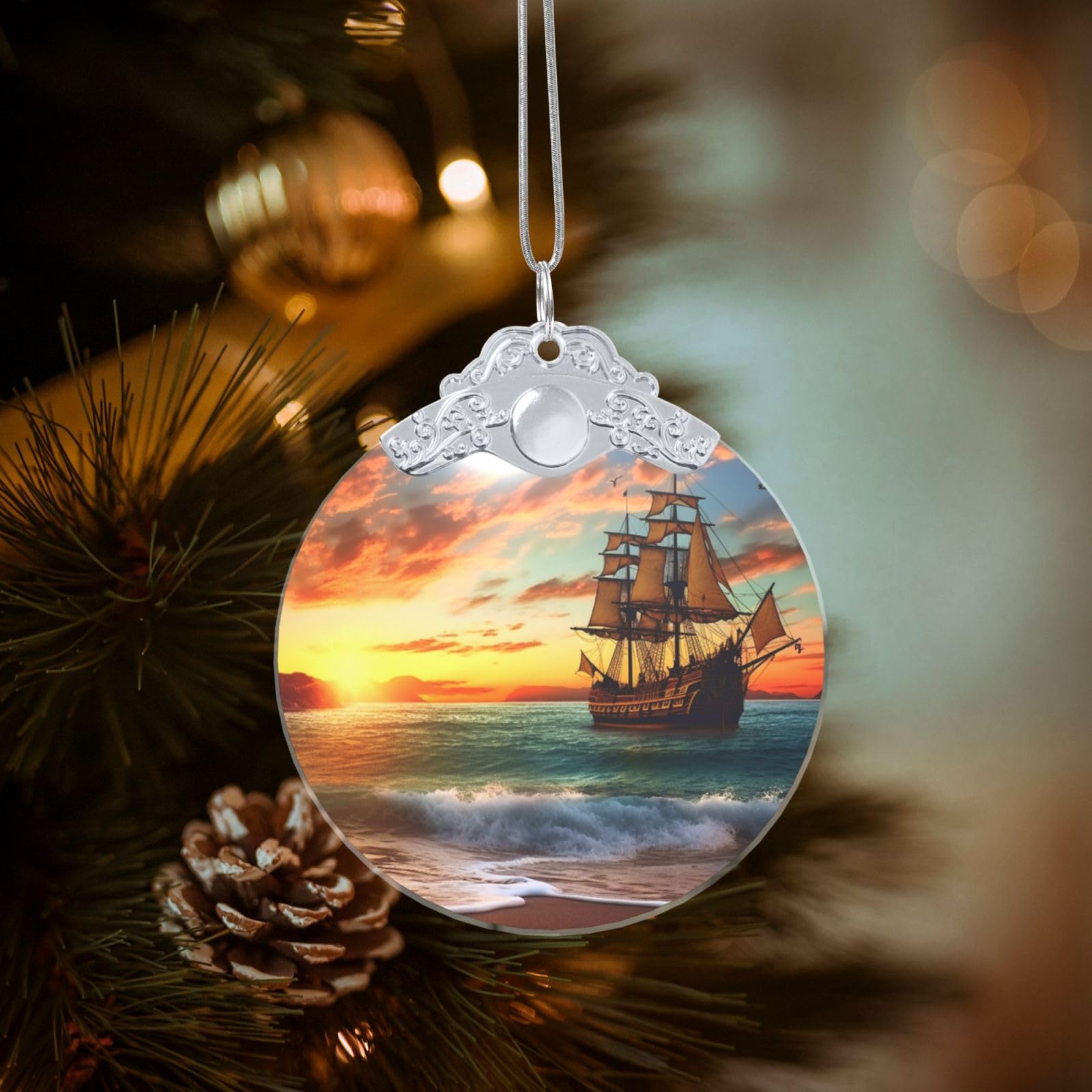 Crystal Christmas Ornaments for Christmas Tree Decoration Hanging Pirate Ship in The Sunset Ornament with Gold Ribbon Crafts Round Pendant for Keepsake Gifts Glass Xmas Decor Party Supplies