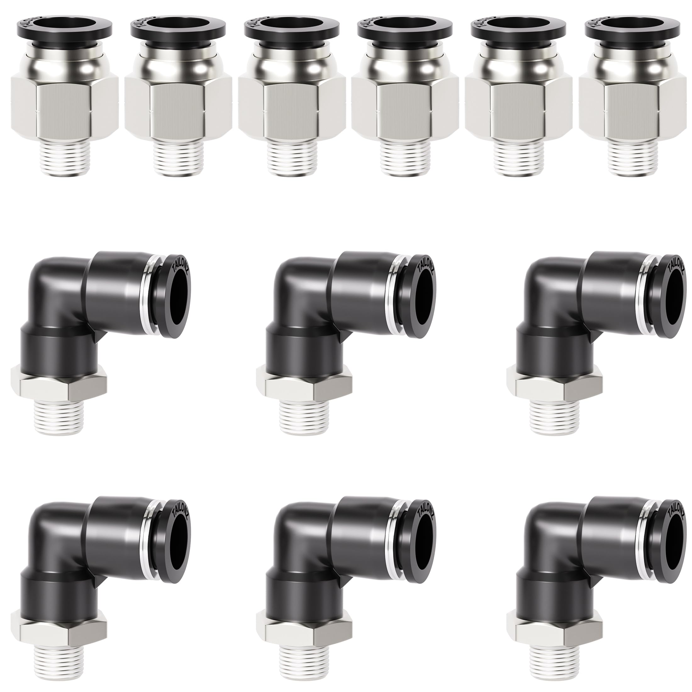 Tailonz - Codo neumático y combinación recta, tubo de 1/2 pulgadas OD x 1/4 pulgadas NPT rosca empuje para conectar accesorios PC-1/2-N2+PL-1/2-N2 (paquete de 12)