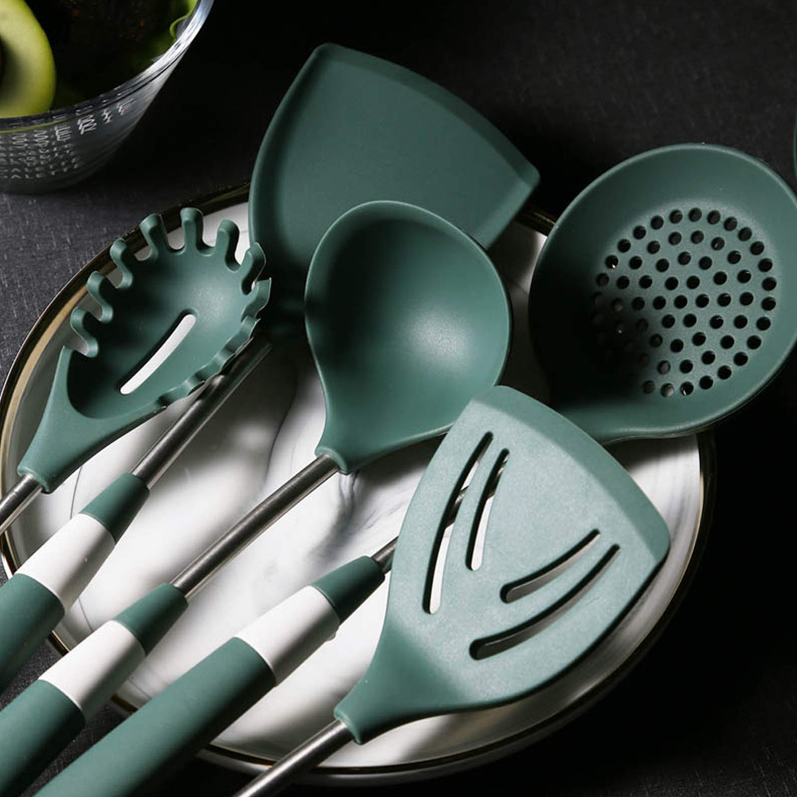 Juego de Utensilios de Cocina de Silicona, Juego de Utensilios de Cocina Antiadherentes Verdes de 6 Piezas, Antiescarcha, Antideslizante,Utensilios de Cocina de Acero Inoxidable Resistentes Al Calor