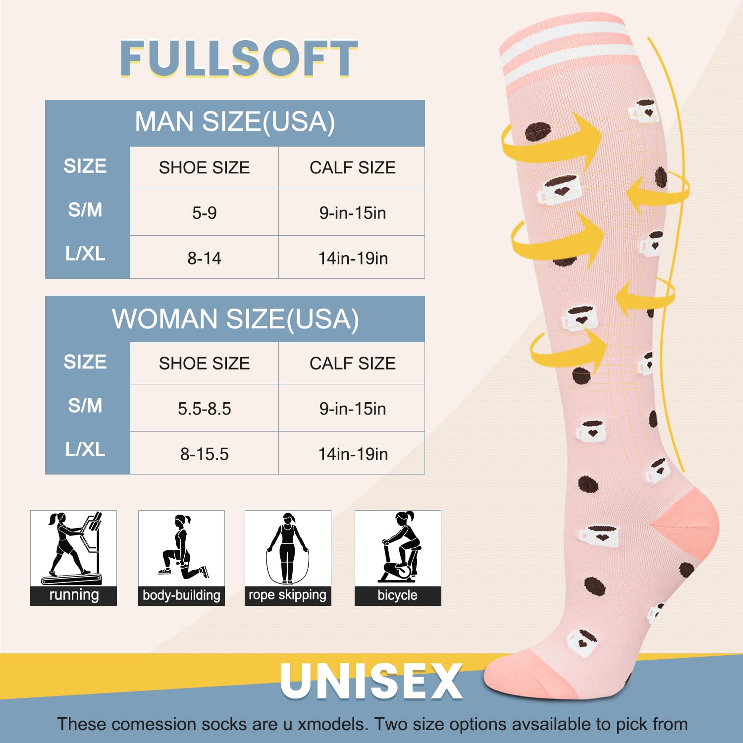 FULLSOFT 6 pares de calcetines de compresión para mujeres y hombres, 15-20 mmHg de soporte hasta la rodilla para enfermeras, atletismo, vuelo (6 pares de animales, grande-XL)