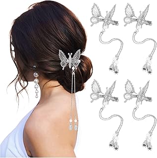 DEEKA Moving Tassel Butterfly Hair Clips 4 PCS 3D Metal Silver Moving Wings Butterfly Hairpins Bride Wedding Hair Accessories Barrette for Women and Girls -Silver