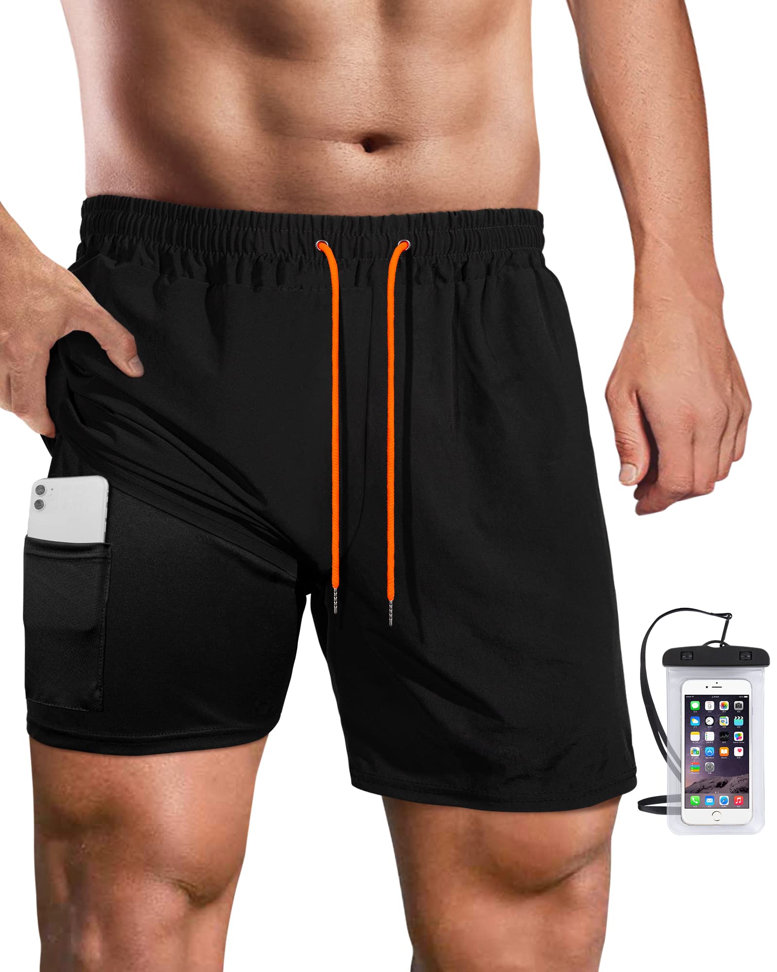FaskerMens Swim Trunks with Compression Liner 7" Inseam Quick Dry Bathing Suit Beach Shorts Swimming Trunks with Pockets