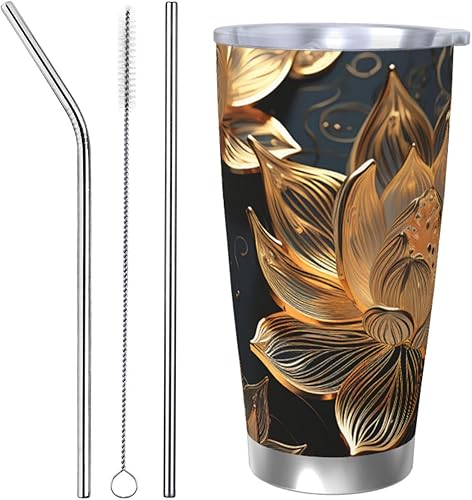 KHiry Vaso de acero inoxidable con tapa de 20 onzas, con aislamiento al vacío, con diseño de flores de loto doradas bohemias, reutilizable, de 20