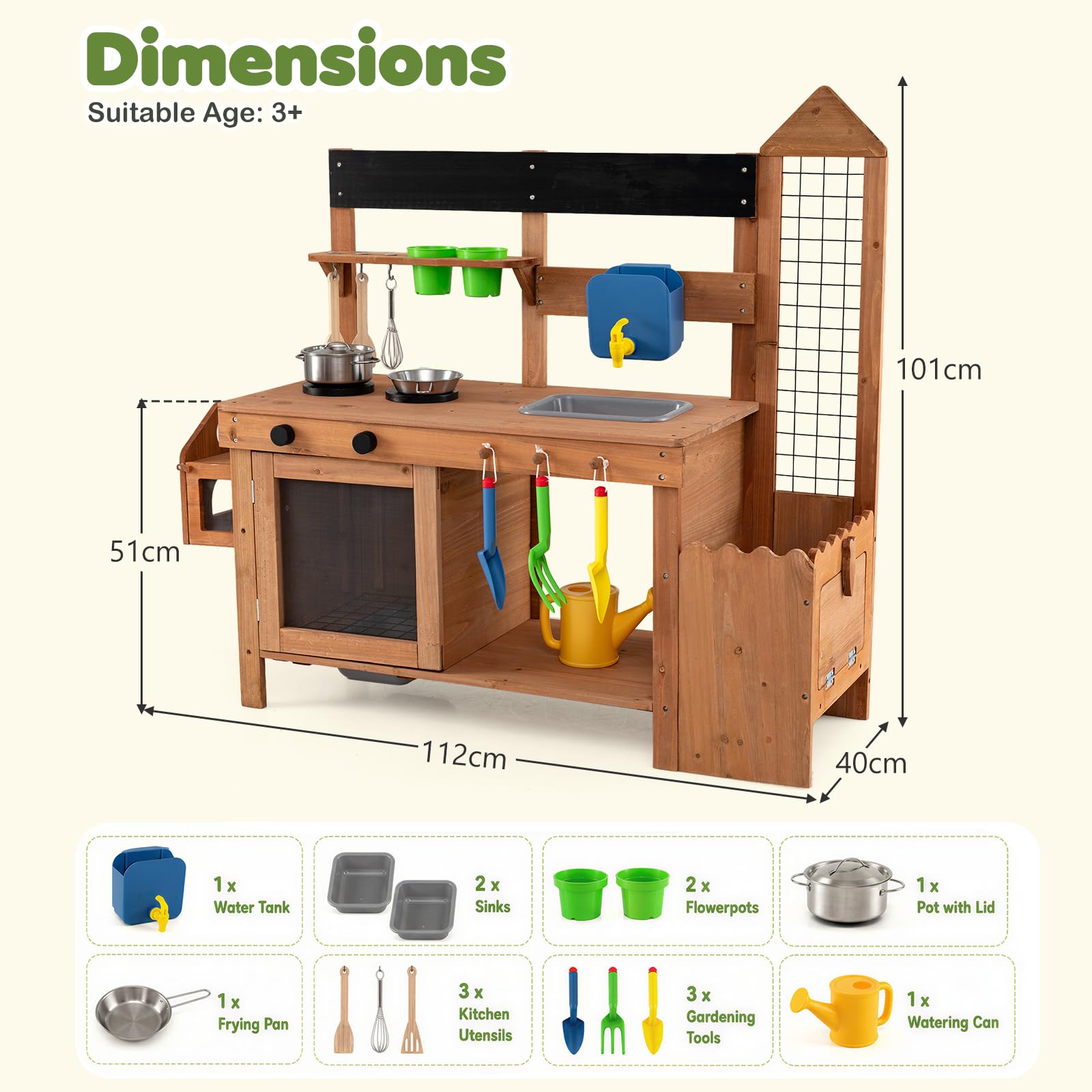 HOMASIS Cucina Giocattolo da Esterno per Bambini 3+ Anni, Cucinetta in Legno Massello con Gabbia, Vano Allevamento, Fioriera, Lavagna, Contenitore e Accessori, Chef Gioco Montessori per Sabbia e Acqua