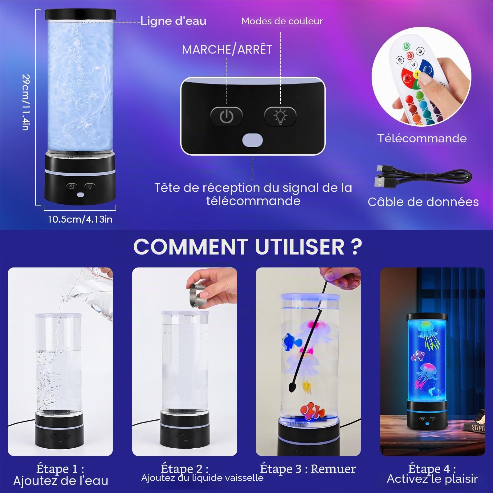 Lampe LED Méduse - 17 Couleurs - Ronde - Décoration Intérieure avec Télécommande - Cadeau Noël Enfants