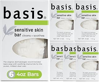 Basis Sensitive Skin Unscented Bar Soap with Chamomile, Aloe Vera & Almond Oil - Gentle for Face, Hands, Body, 6-Pack 4oz Bars