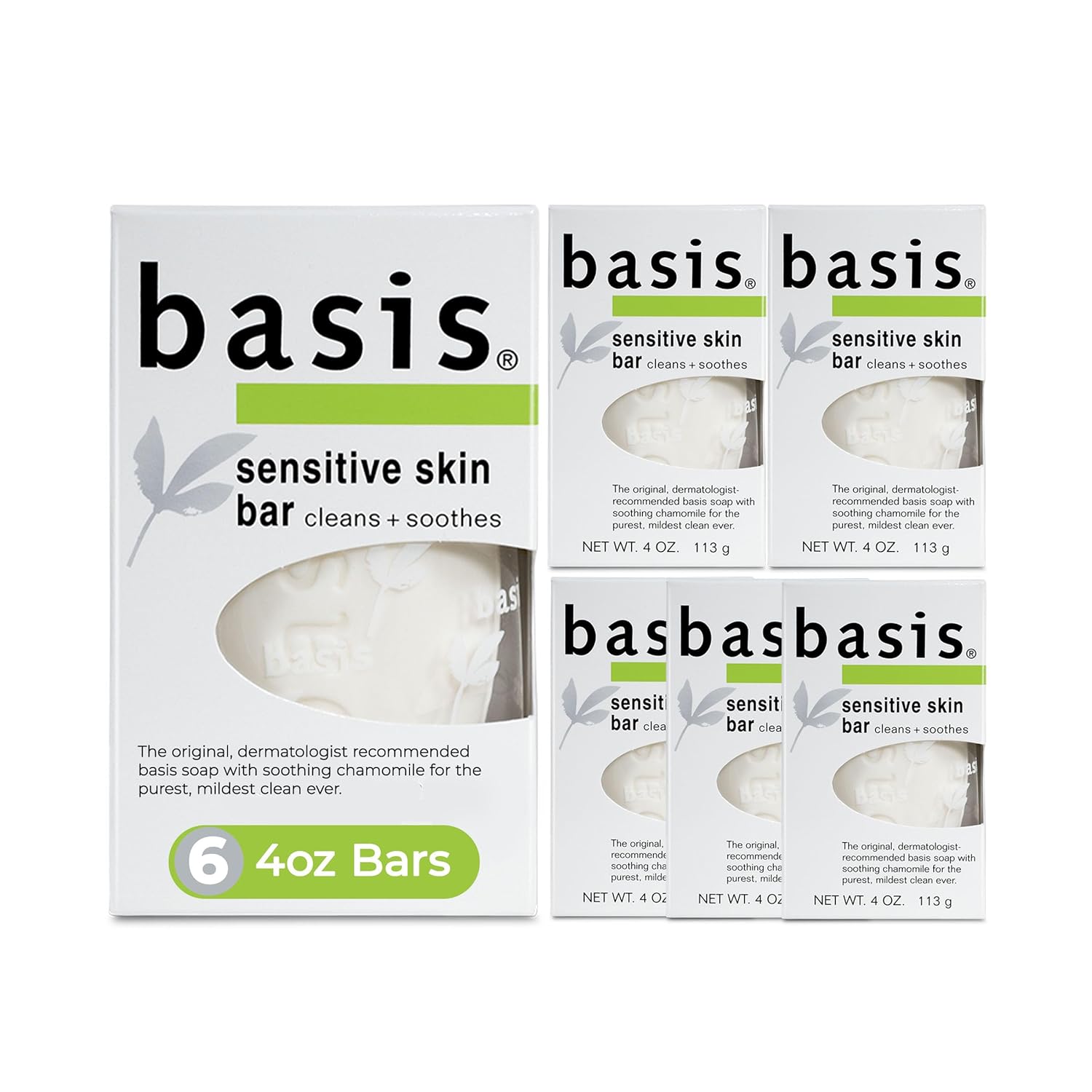 Basis Sensitive Skin Bar Soap for Body, Hands and Face, Unscented Soap Bar for Sensitive Skin with Chamomile and Aloe Vera, 4 Oz, Pack of 6 - Image 1 of 6