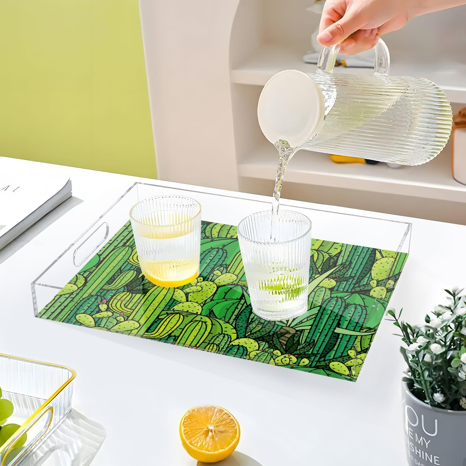 Bandejas acrílicas transparentes personalizadas de plantas de cactus verdes con asas, bandeja acrílica para cama, bandejas acrílicas a prueba de derrames para servir de 12 x 16 pulgadas