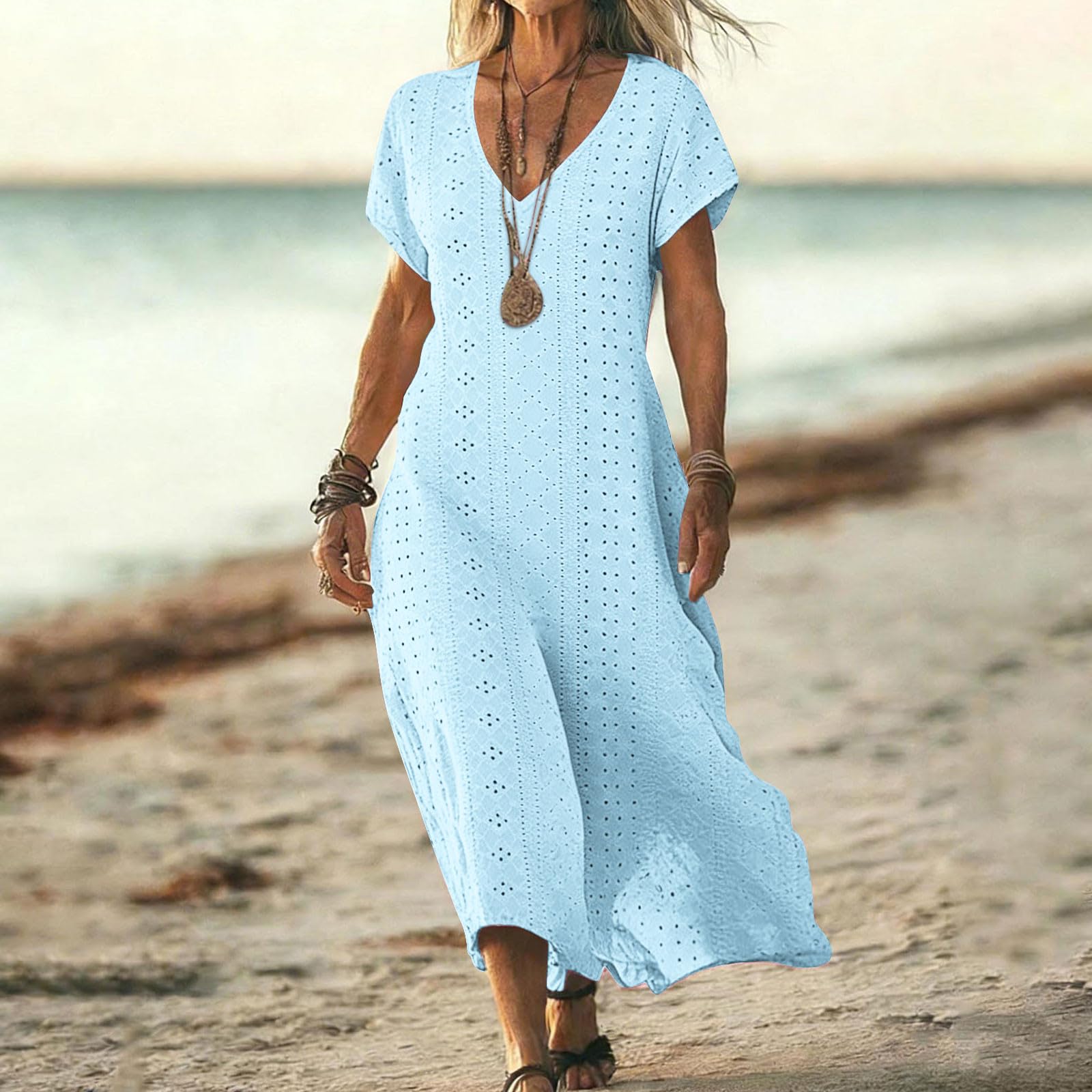 Frostluinai Eyelet Dresses for Women Summer Short Sleeve V Neck Maxi Dress Loose Comfy Flowy Swing Beach Sundress - 3