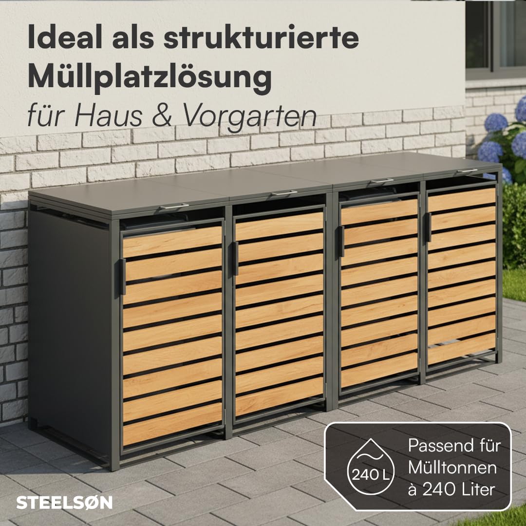 STEELSØN Kestra Mülltonnenbox 4er bis 240L – Mülltonnenverkleidung aus Stahl mit Sichtstreifen in Holzoptik – hochwertige Müllcontainer für 4 Tonnen – Müllbox in Anthrazit – Gerätebox wetterfest