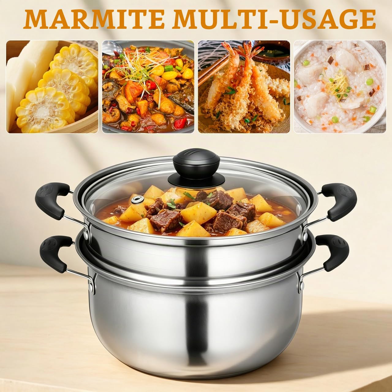PRETYZOOM Marmite Vapeur Inox 20 Cm Cuiseur Vapeur Compatible Induction Pot Profond Pour Cuisine Maison LéGumes Fruits De Mer