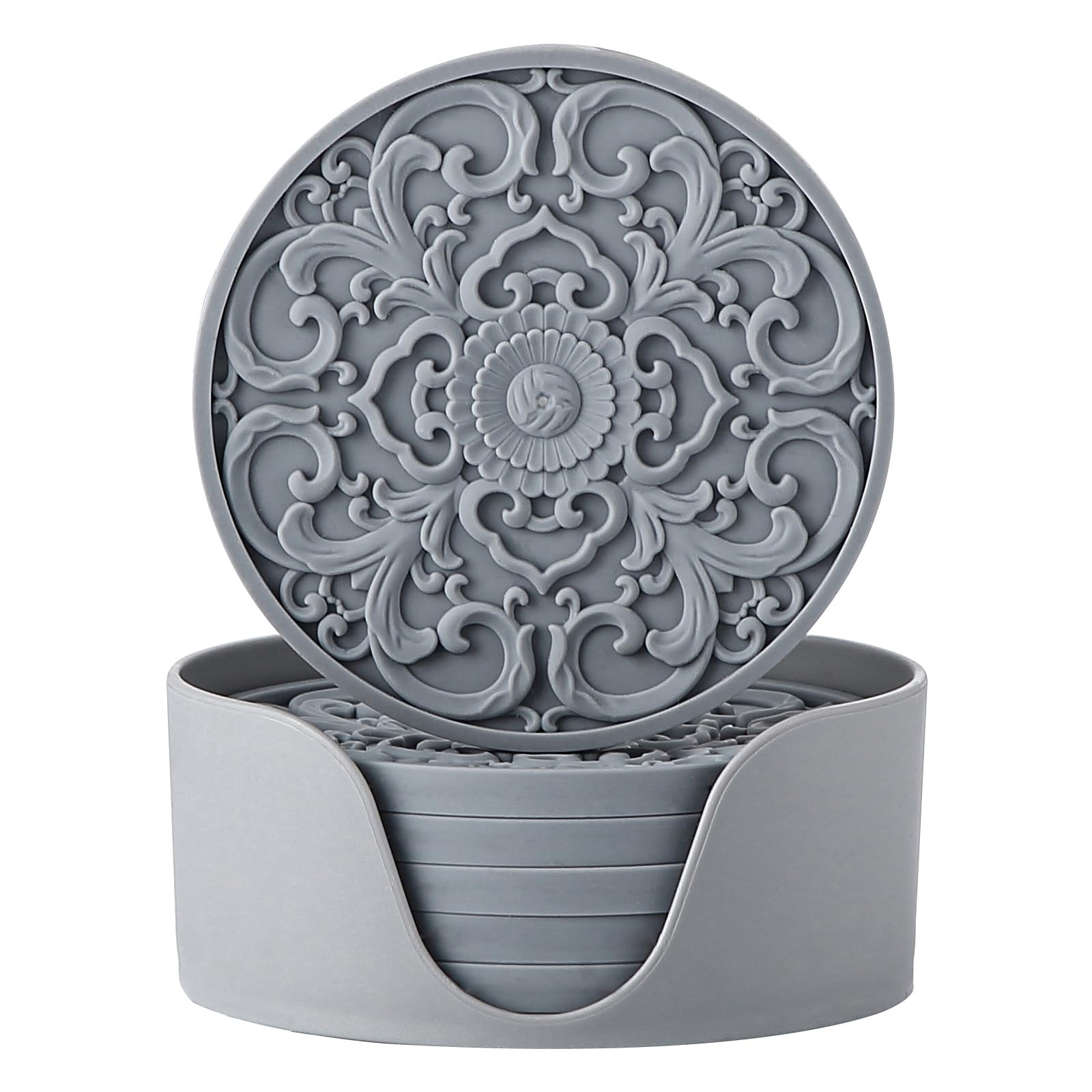 Colinda Silicone Coasters for Drink, 6 Pack Coasters with Holder, Cup Mat Set for Hot and Cold Drink and for Table Top Protection,Absorbent Bar Coasters,3 Designs for Home Office Decor,Cool Grey