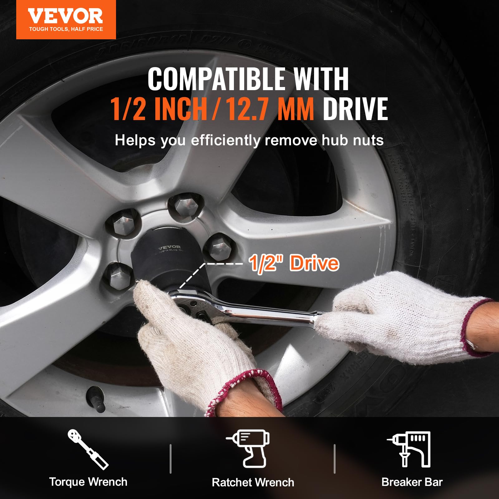 VEVOR Zestaw narzędzi do nakrętek wrzeciona, napęd 1/5.1 cm, 6-częściowy zestaw nasadek do nakrętek piasty osi, do Toyota, Ford, pojazdów 4WD i pojazdów GM, z futerałem do przechowywania, narzędzie do