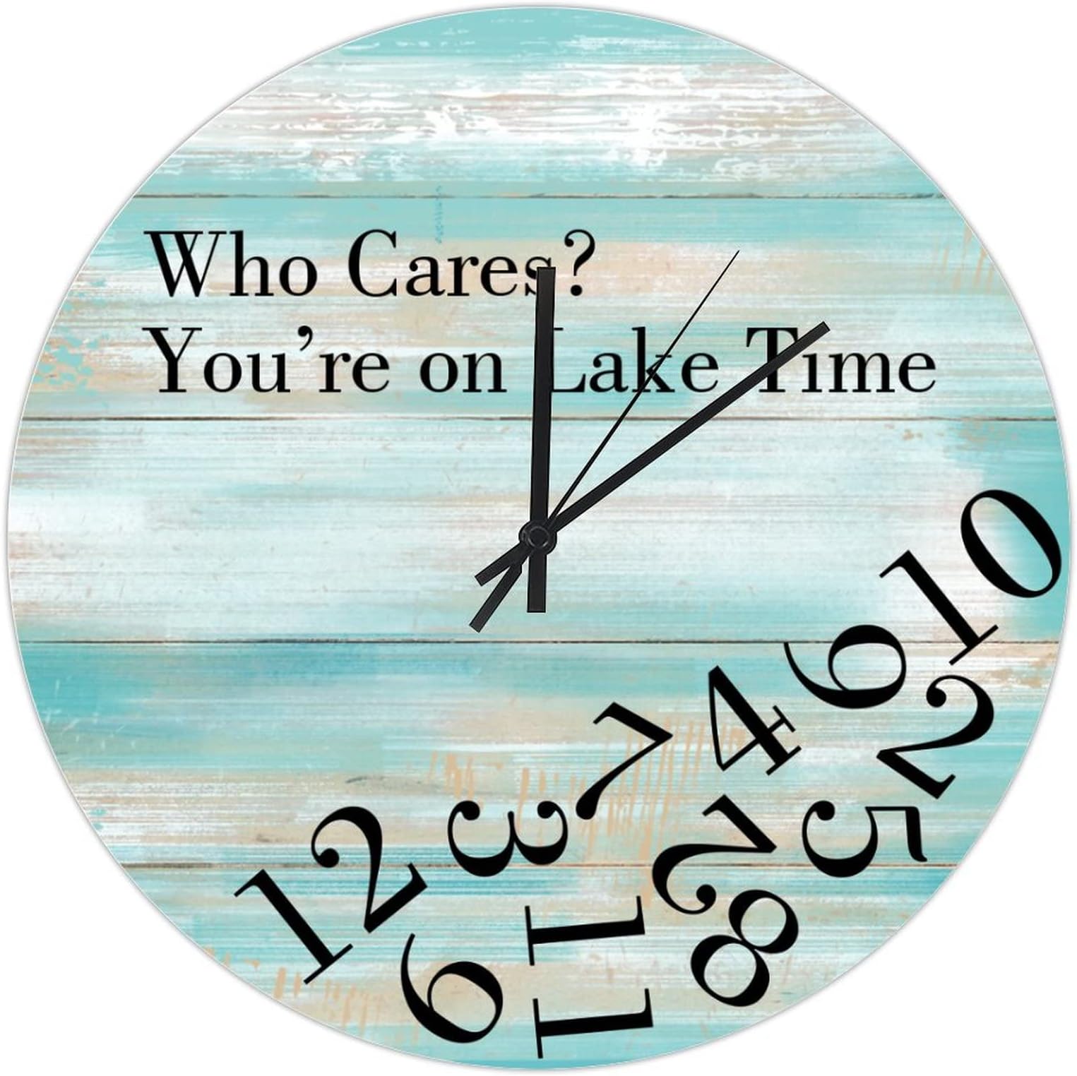Who Cares You're on Lake Time Clock Vacation Gift Funny Wall Clock Distressed Board Print Rustic Wall Clock 15 Inch Vacation Retirement Clock Home Decor Lake House Decor