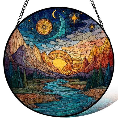 Stained Acrylic Puzzle Suncatcher,7.48in Mountain Sunrise and Moonlit‑Sky Landscape Decor