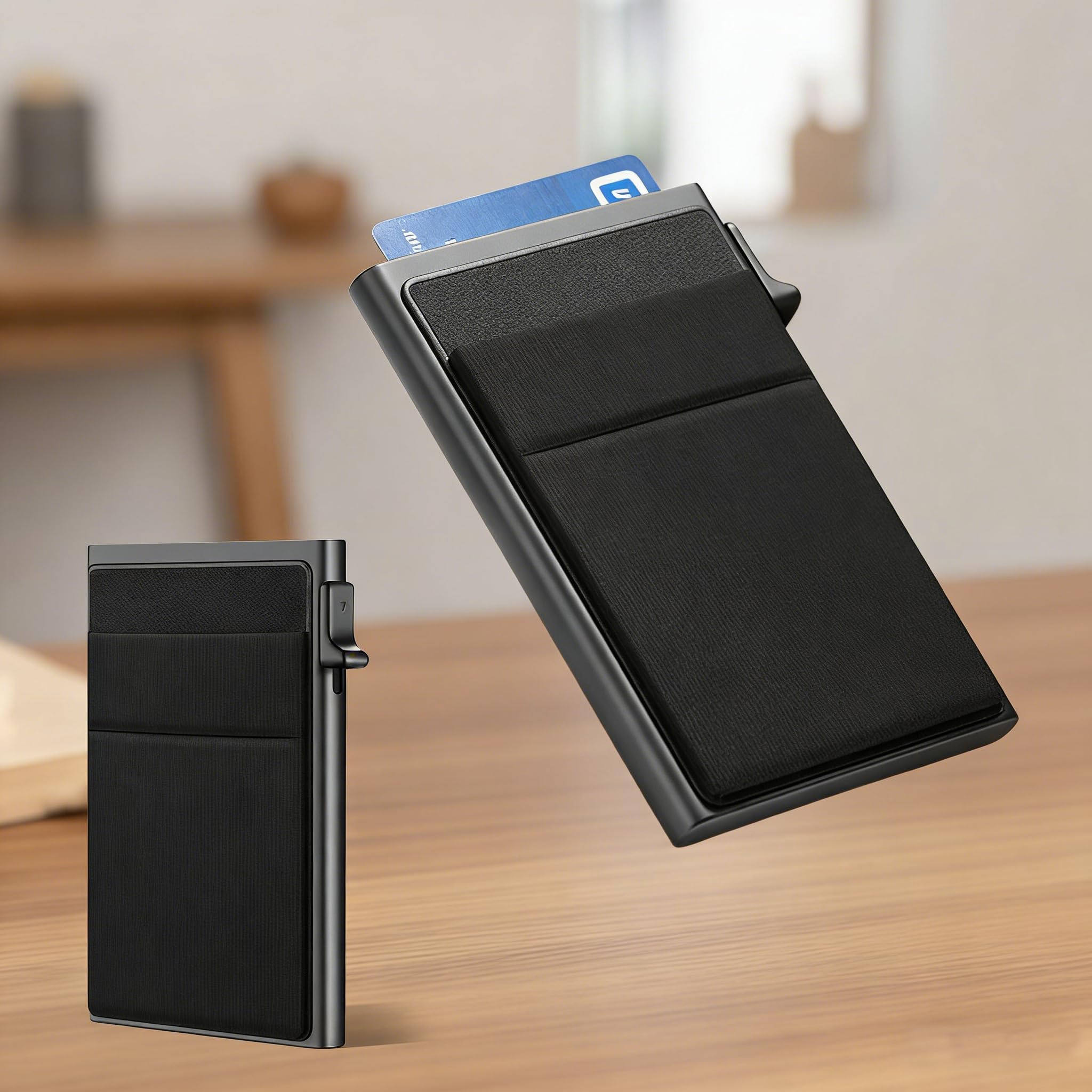 Automatic Pop-Up Blocking Wallet Card Holder for Men, Front Pocket Aluminum Wallet with Secure Card Ejector for Daily and Travel Use, Black, Blocking Wallet Card