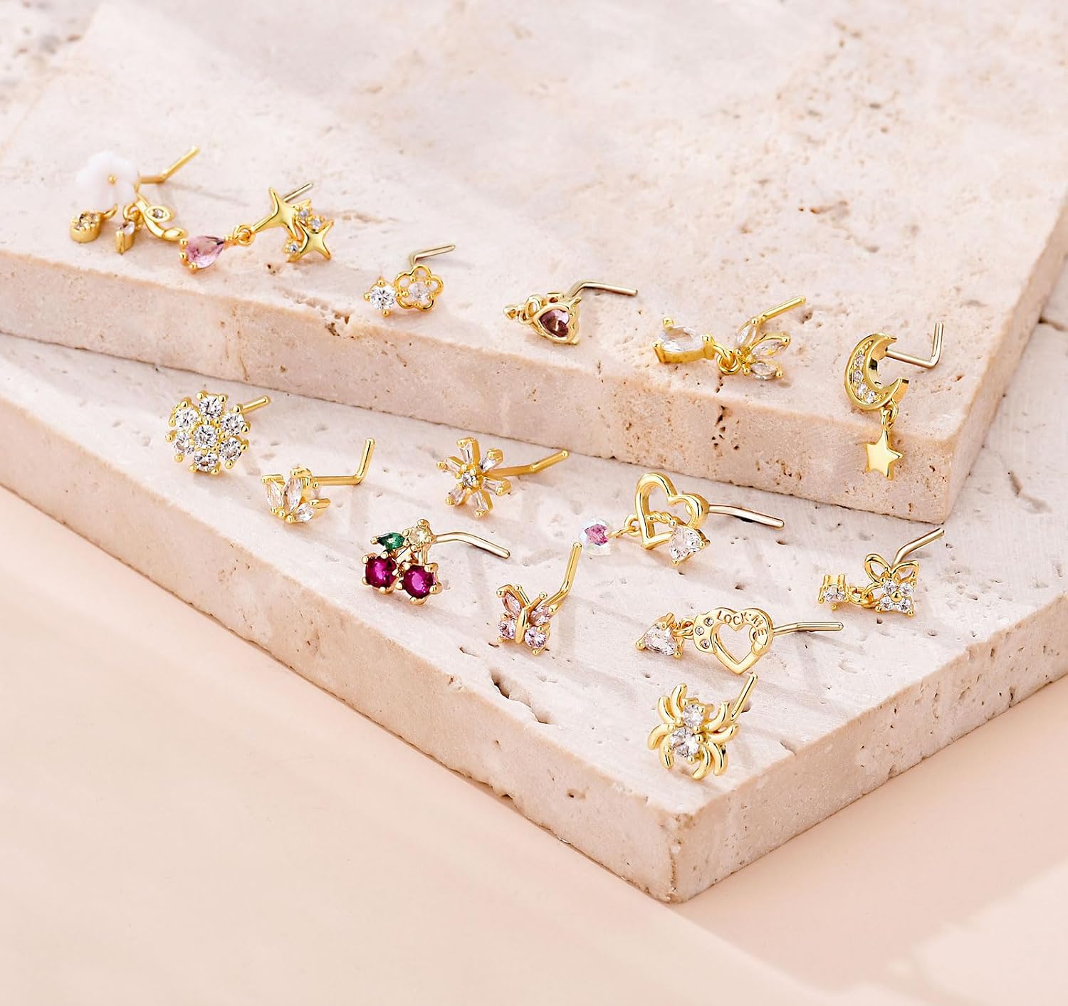 TAMHOO 15Pcs 20G Nose Rings - L Shape Designs with Surgical-grade stainless steel - Gold/Silver Nose Studs for Women