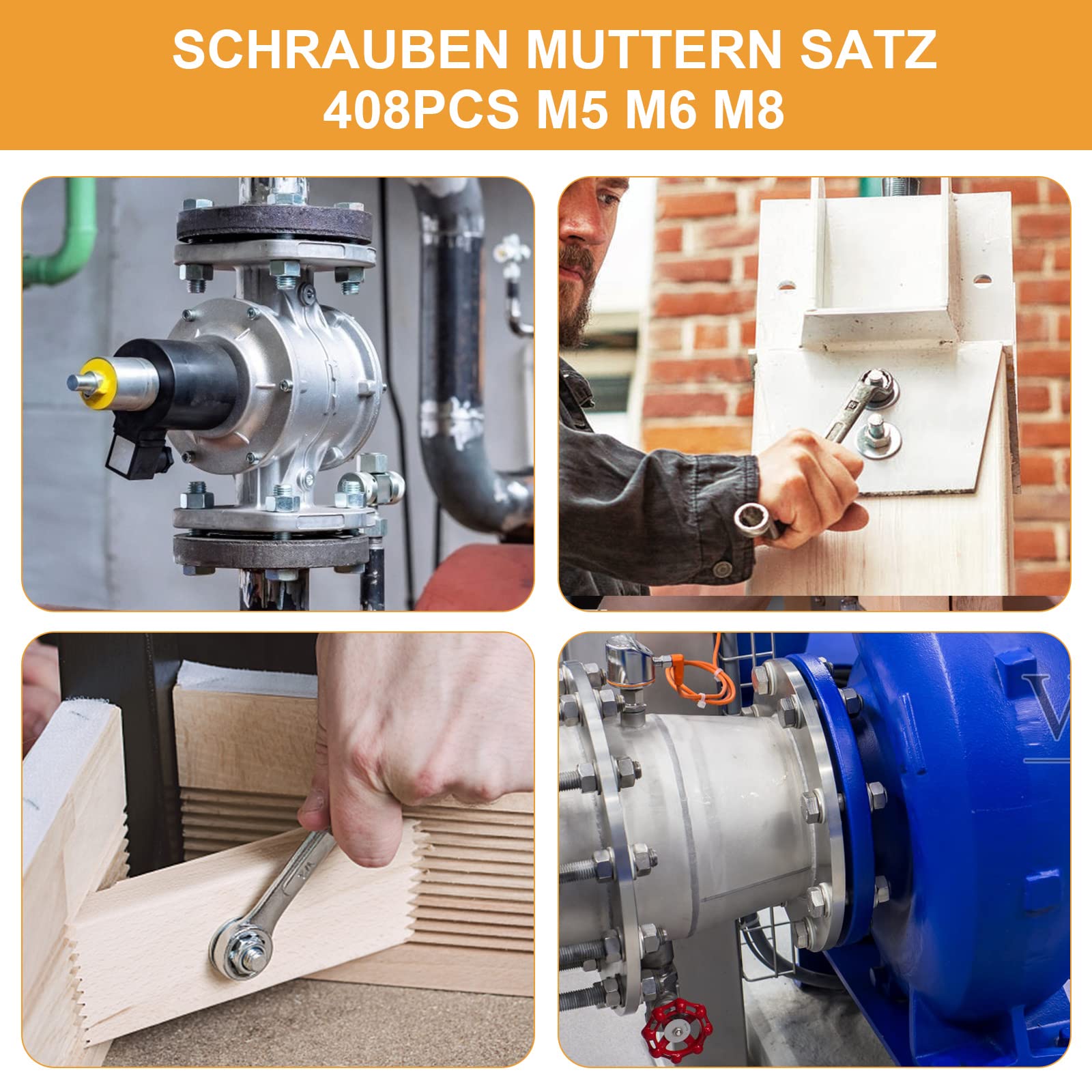 VIGRUE 408 Stück M5 M6 M8 Sechskantschrauben Edelstahl A2 Schrauben Set mit Muttern Unterlegscheiben DIN933 Bolzen Vollgewindeschrauben Maschinenschrauben Gewindeschrauben zur Reparatur