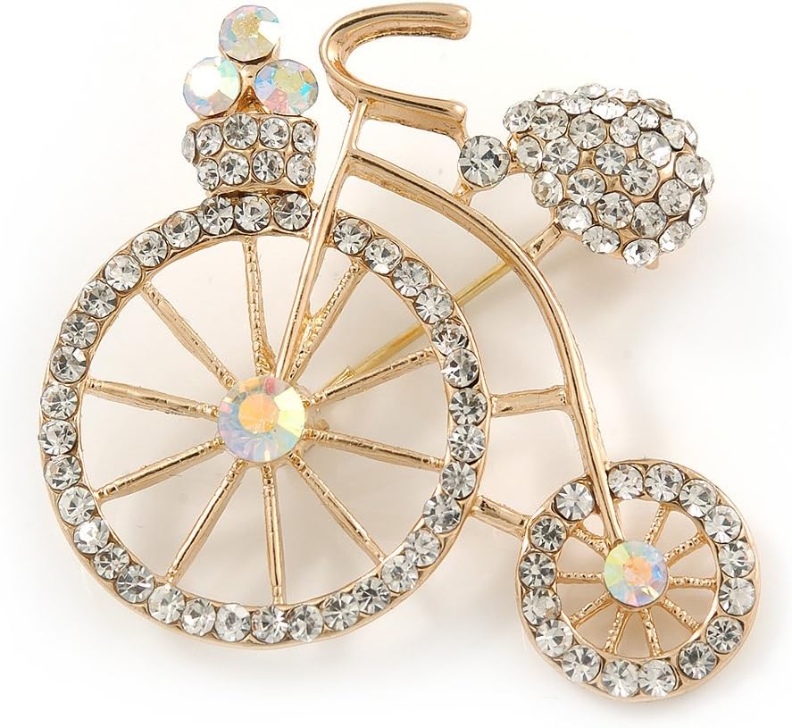 Retro Clear Crystal Bicycle Brooch In Gold Tone Metal - 40mm W