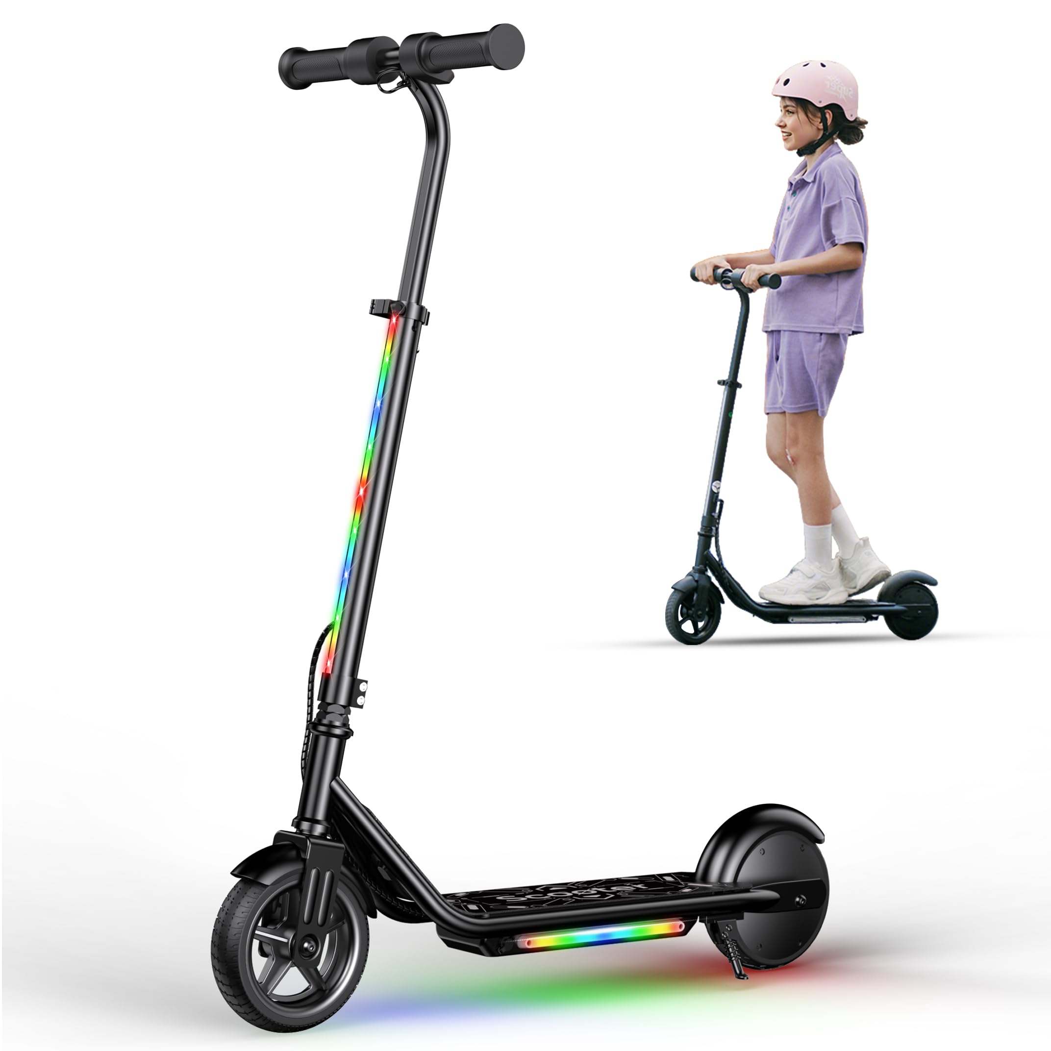 iScooter Trottinette électrique pliable pour enfants de 6 à 14 ans, 16,5 cm avec musique et 3 niveaux de hauteur réglables, trottinette électrique légère de 15,2 cm avec lumières colorées, portée