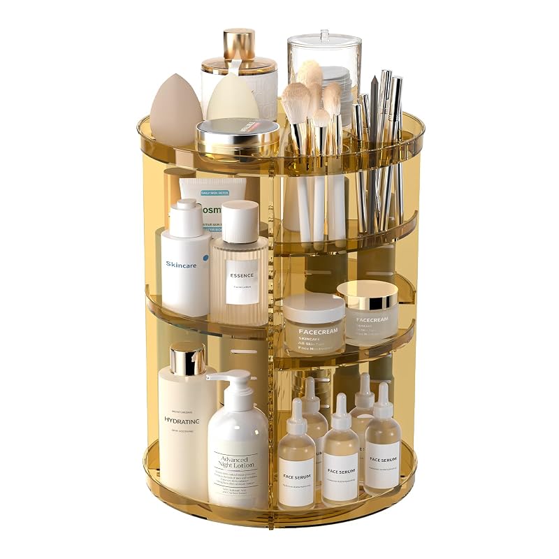 Organizador giratório para maquiagem Jiavarry com 8 alturas ajustáveis, suporte para pincéis e bandeja para perfumes, Clear Gold