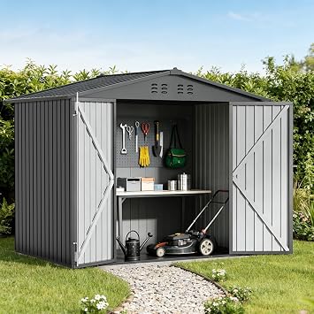 COMHOMA Shed Storage Outdoor Metal Windowed Lockable Weatherproof Ventilated Backyard Garden Utility WorkshopGrey,8'*6'