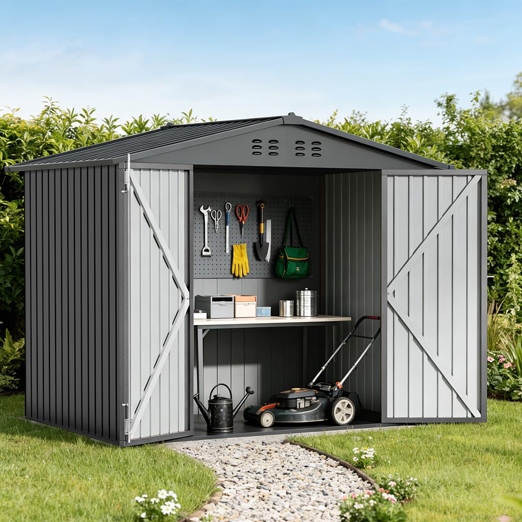 Photo 1 of COMHOMA Shed Storage Outdoor Metal Windowed Lockable Weatherproof Ventilated Backyard Garden Utility Workshop(Grey,8'*6')