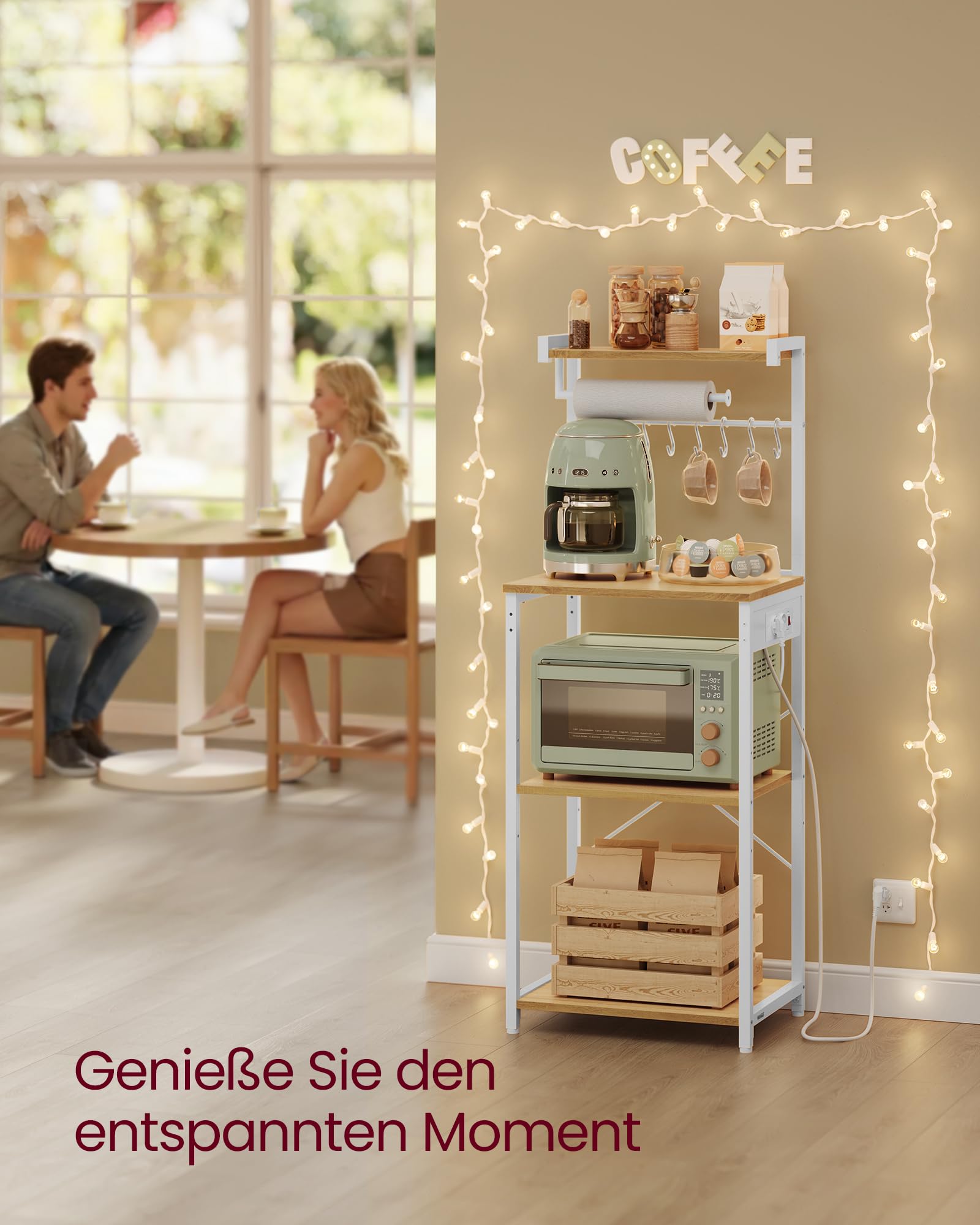 VASAGLE Küchenregal mit Steckdosen, Standregal, Kaffeebar mit 4 Ebenen und 8 S-Haken, Mikrowellen-Regal, verstellbare Ablage, 40 x 45 x 140 cm, goldeichenfarben-wolkenweiß KKS013YA02