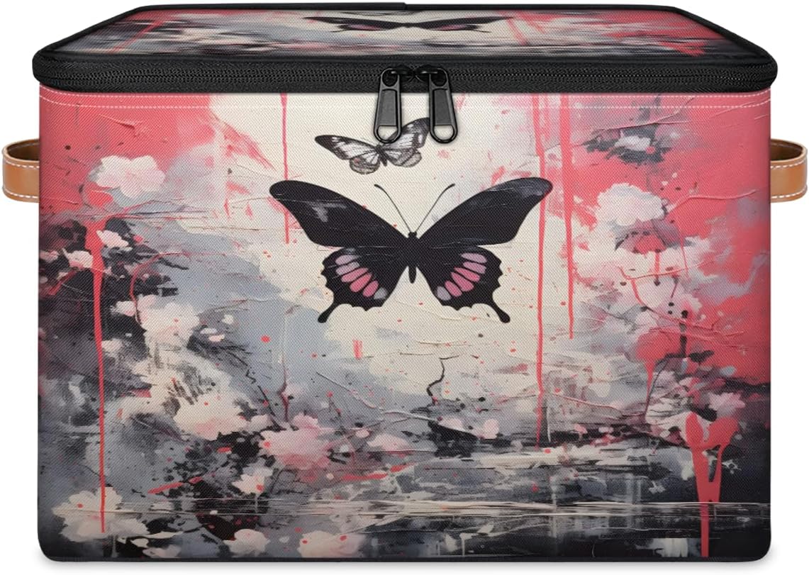 Storage Bin Set of 2 Watercolor Butterfly Storage Basket with Zipper Lid & Handle Foldable Closet Shelf 2 Pack Cloth Organizer Basket Cube Bins Clothes Organizer for Bedroom, Nursery