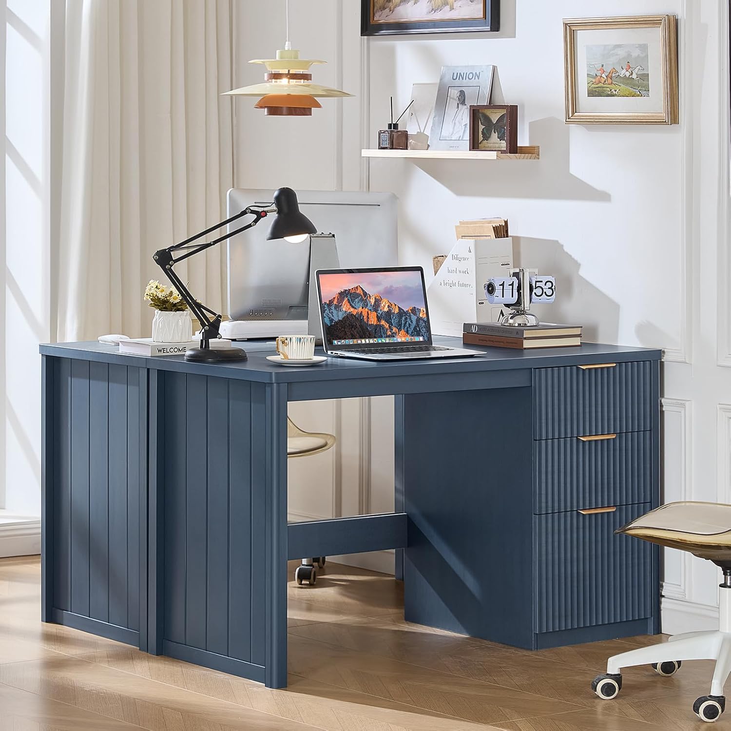 LEYAOYAO Office Desk 48" with 3 Drawers Storage File Cabinet Wood Fluted Desk for Computer Office Bedroom Home Furniture Blue